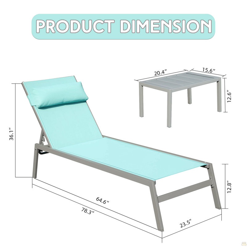 Ensemble de 3 chaises longues de patio, chaises longues de piscine en aluminium avec table d'appoint, fauteuil inclinable d'extérieur réglable