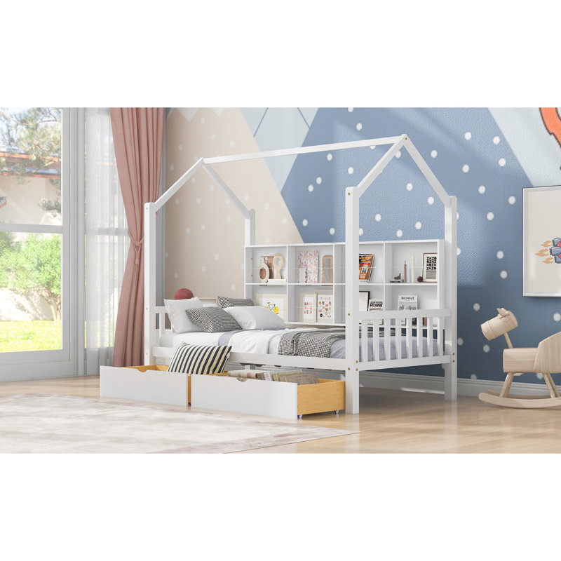 Lit simple en bois avec 2 tiroirs, lit avec tablette de rangement, blanc
