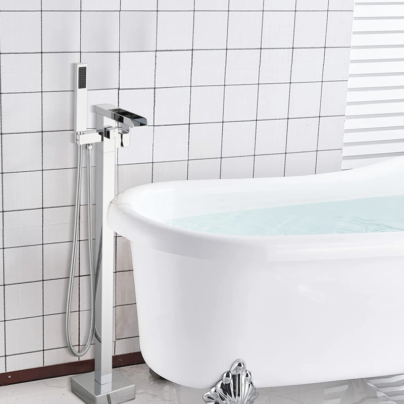 Robinet de baignoire de finition avec douche à main et robinet à poignée levier à fixation au sol, Chrome chrome