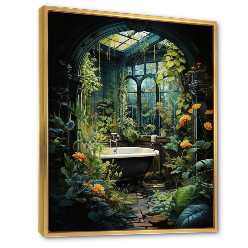 «Kyriel Bathroom Botanical Retreat I», reproduction sur toile encadrée, Cadre flottant doré, H 40 po x l 30 po x P 1,5 po