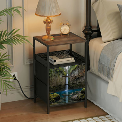 2 Drawers Nightstand with Charging Station, Bedroom Nightstand with USB Ports &amp; Outlets Open Shelf Black, night stand with Scenic Waterfall Cascading Water Mossy Rocks Forest Print