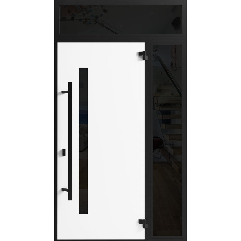 Façade avant en acier pré-suspendue / Ronex 0162 Chêne rouge / Fenêtre extérieure latérale et supérieure latérale / Entrée en métal peint moderne l 36 po x H 80 po + 16 po à gauche
