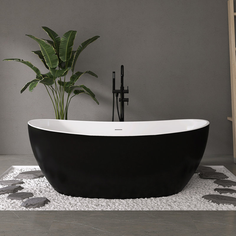 Baignoire autoportante Fslefay 60'' en acrylique noir, avec trop-plein et bonde clic-clac.