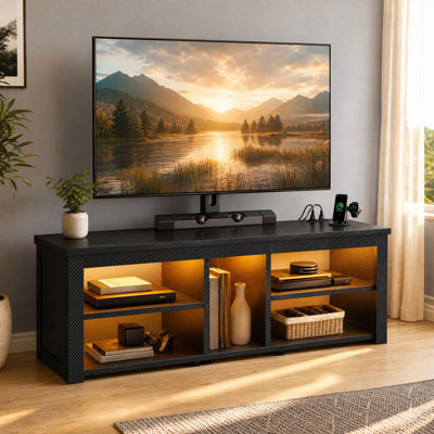 Meuble télé de jeu avec support pivotant, station de charge et lumières DEL, pour téléviseur de 70 po ou moins, centre de divertissement avec rangement ouvert