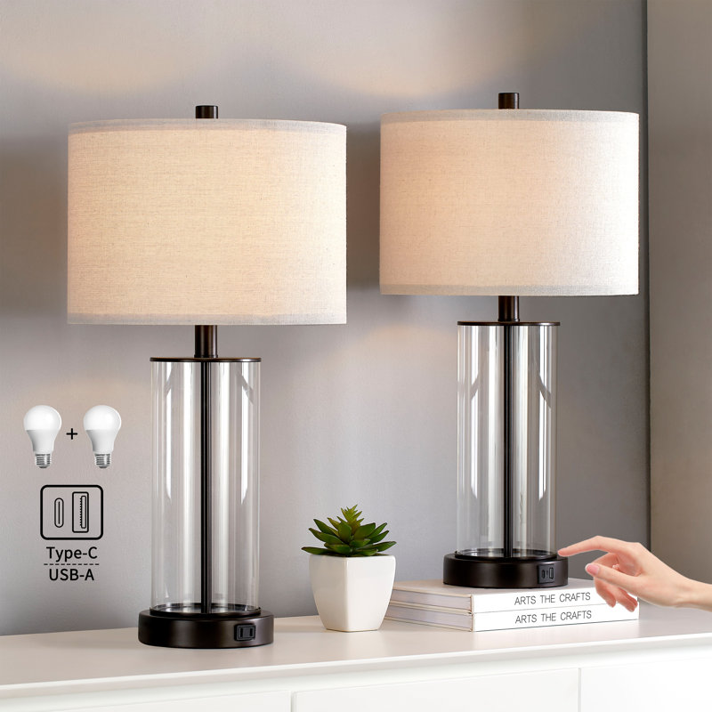 Quinita 23"  Glass Table Lamp Set with Touch Control,  LED Bulbs, USB Ports, Black