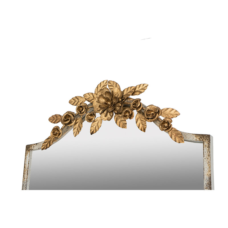 Superbe miroir rectangulaire avec cadre délavé et délicate couronne florale dorée éblouissante pleine bordure ornée