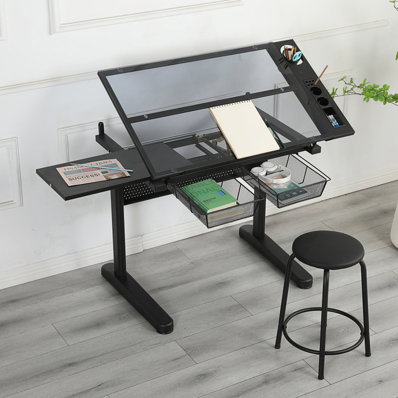 Table à dessin réglable avec 2 tiroirs en métal et tabouret, table d'écriture