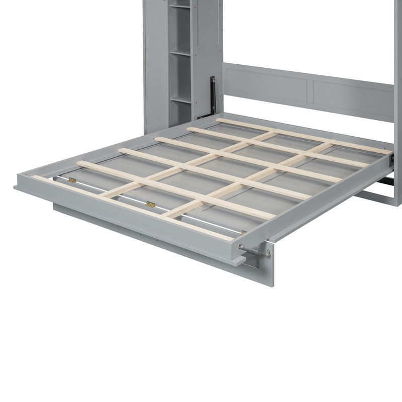 Lit escamotable Ashen avec tablettes, garde-robe et lumière DEL, Gris, Double