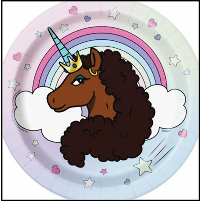 Afro Unicorn Birthday Paper Dinner Plates, 9 Inch, 8 Count, Perfect for Themed Parties and Celebrations
