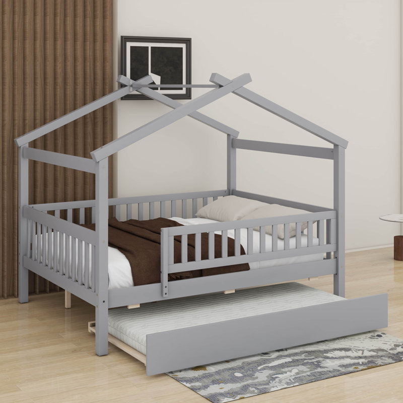 Lit double en bois avec lit gigogne, Gris, Lit double