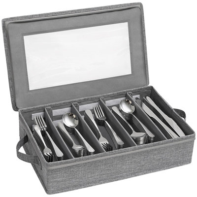 Silverware Storage Box, Covered Flatware Organizer with Zipper Lid | 5 Compartment Cutlery Case with Adjustable Divider and Handle, Utensil Container for Spoon Fork Knives, 1 Pack