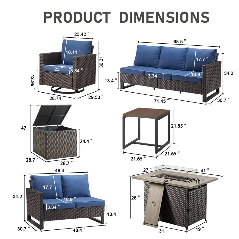 Ensemble de conversation de 9 pièces en forme de U pour terrasse d'extérieur en osier Ingvald, Bleu