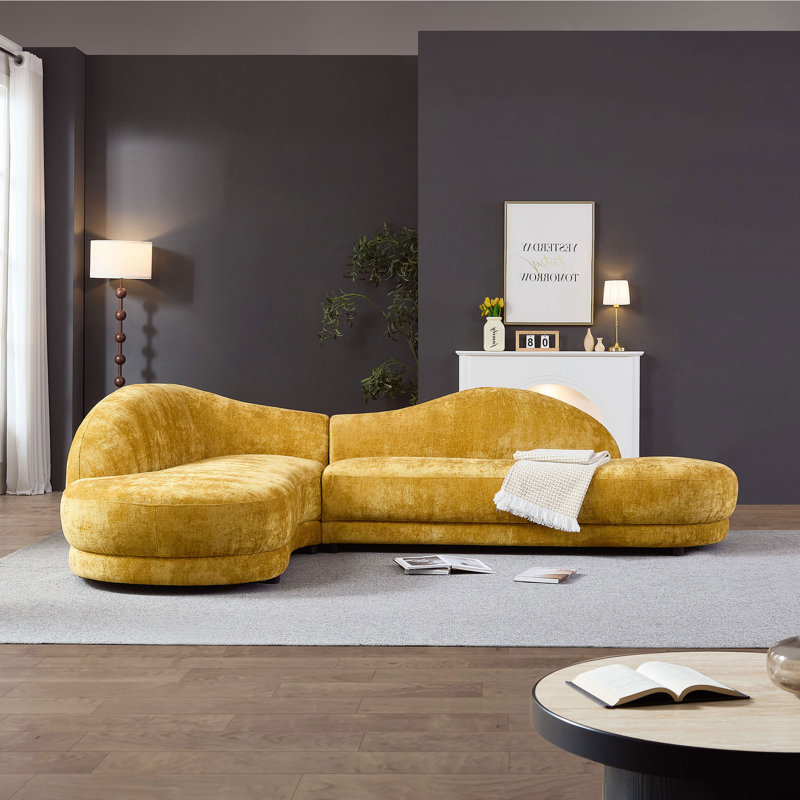 114" Modular Upholstered Sectional Sofa, Mid-Century Modern Polyester L-Shaped  Sofa With Cloud-Soft Cushions,Left Facing Chaise ,Yellow