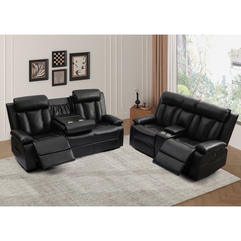 Ensemble de canapé inclinable électrique en similicuir 2 pièces avec console et centre rabattable - Rechargement USB et Type-C, porte-gobelets et rangement - Canapé inclinable et causeuse à fixation murale pour le salon ou le cinéma maison