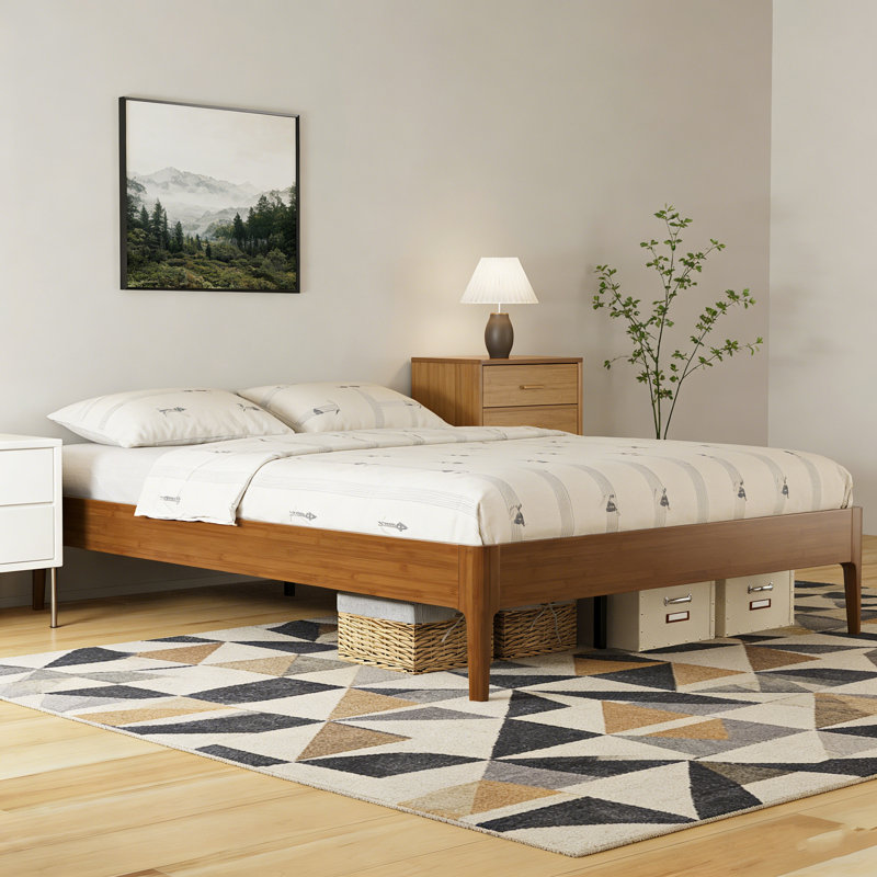 Structure de lit plateforme en bois de bambou sec massif de 15 pouces de hauteur, avec support en lattes de bois, style moderne et minimaliste, aucun sommier nécessaire, assemblage facile, brun