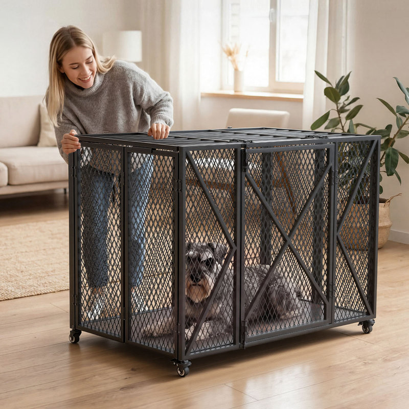 Cage pour chien robuste de 38 pouces, capacité de charge maximale de 250 lb, chenil pliable indestructible à l'épreuve des fuites pour chien de petite et moyenne taille, cage pour animaux en acier avec portes doubles et roues verrouillables