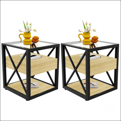 Ensemble de 2 tables de bout modernes avec tiroir - Tables de chevet pour chambre à coucher et salon, panneau de fibres à densité moyenne en bois naturel et plateau en verre trempé, style industriel