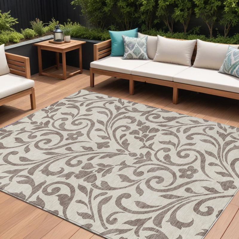Tapis intérieur lavable floral taupe et ivoire 9 pi x 12 pi