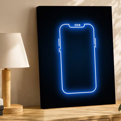 Canvas A Sleek Modern Smartphone Outline Illuminated By A Vibrant Blue Wall Art Neon Glow Against A Deep Black Background The Phone Canvas Wall Art