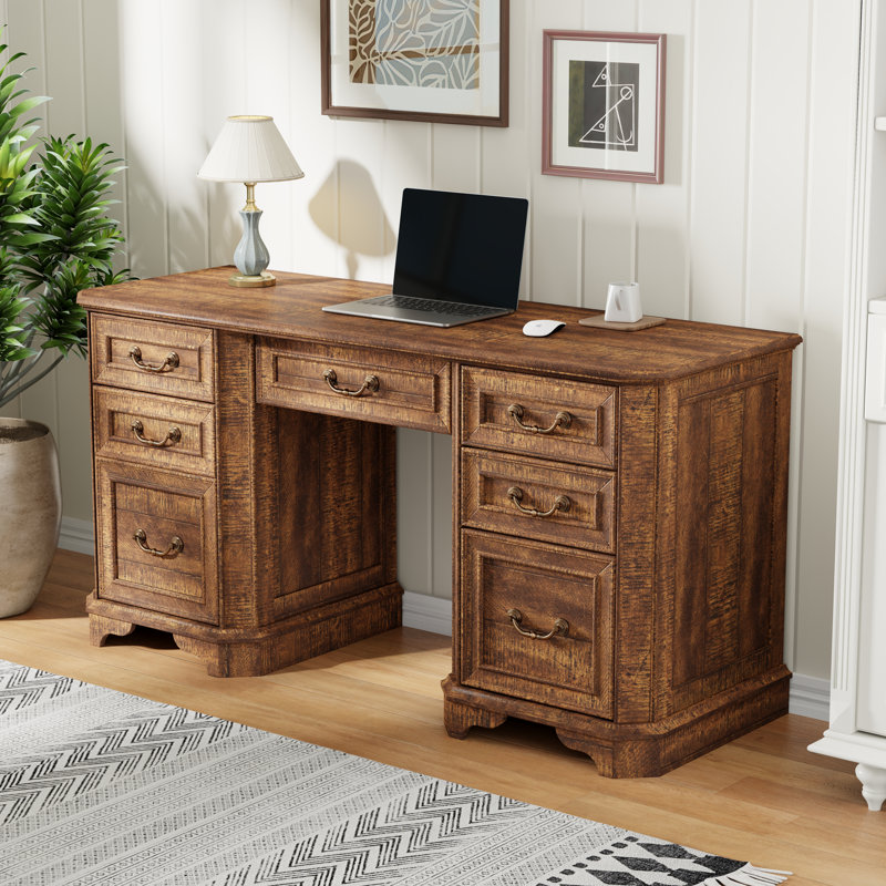 59” Executive Office Desk With Storage,Wood Home Office Computer Desk With Charging Station,File Drawers And Storage Cabinet