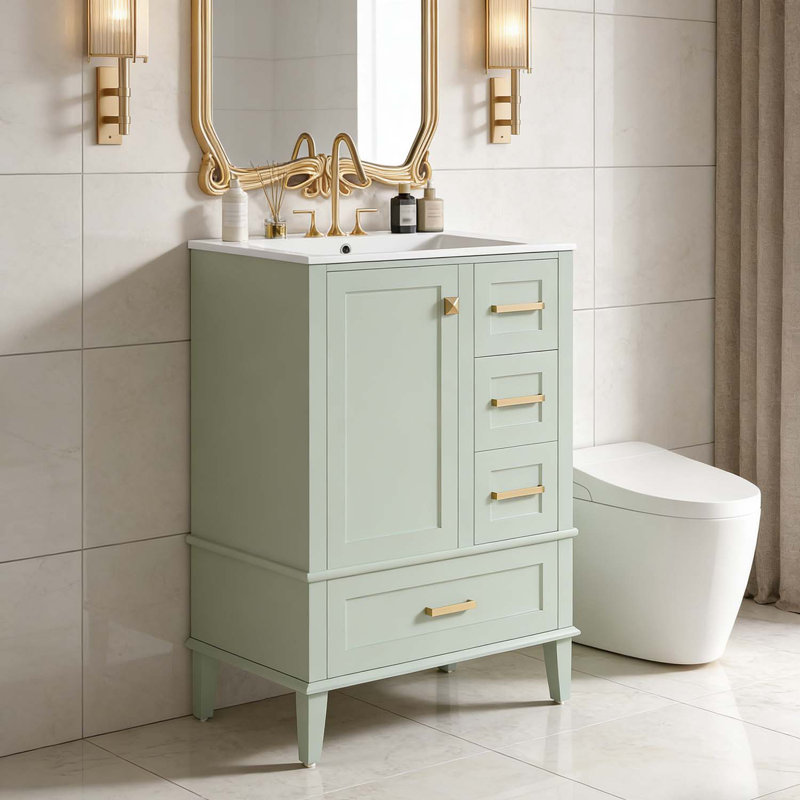 Meuble-lavabo moderne avec lavabo en céramique, porte à fermeture en douceur et plusieurs tiroirs pour un rangement efficace