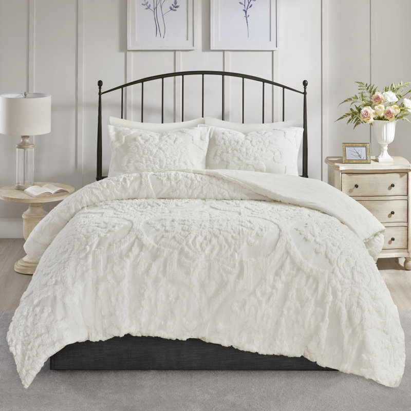 3 pièces édredon en coton - literie en chenille double / grand shabby chic lavable à la machine, Blanc cassé