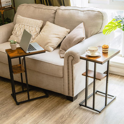 C Table End Table Set Of 2, Side Tables Living Room, C Shaped Side Table, Couch Tables That Slide Under Couch Table With Metal Frame, Rustic Snack Table For Bedroom/Small Spaces Large Desktop (Berry Brown/2 Pack)
