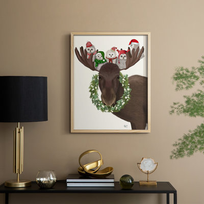 «Christmas Moose and Christmas Owls», reproduction encadrée - bois massif
