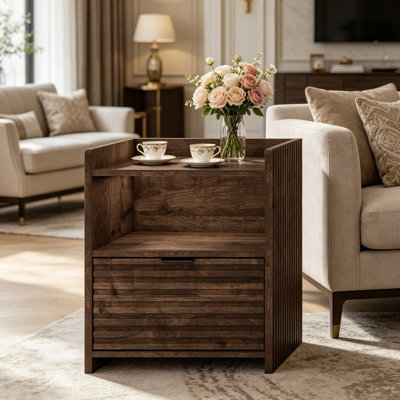 Fluted Nightstand with Drawer and Storage Shelf, Modern Wood Bedside Table, Mid Century End Table for Bedroom Living Room, Rustic Oak