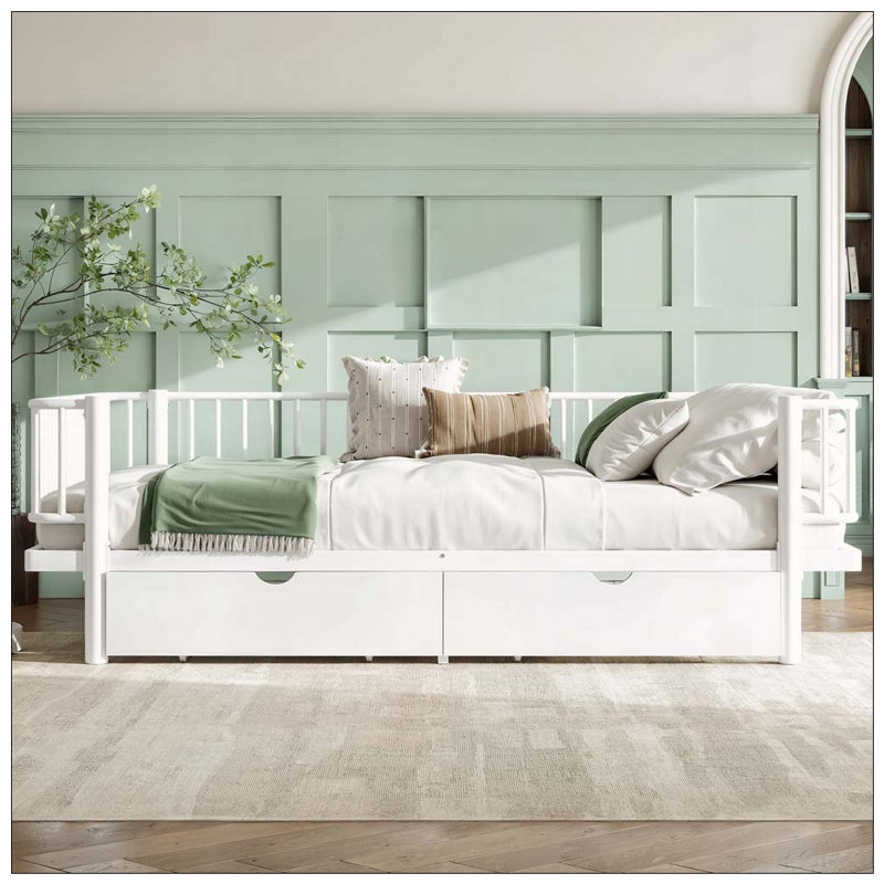 Lit plateforme avec tiroirs de rangement, Blanc clair, Grand lit