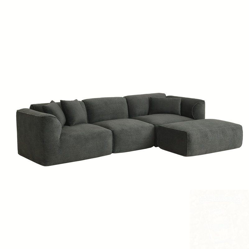 L-Shape Sectional Sofa With 3 Throw Pillows, Grayish Green Velvet