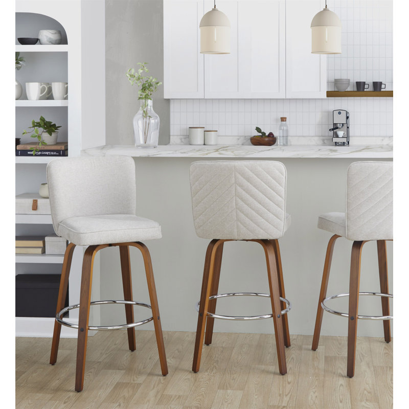 Tabouret de bar à hauteur fixe avec pivot en bois de noyer et tissu beige avec repose-pieds rond en métal chromé - ensemble de 2