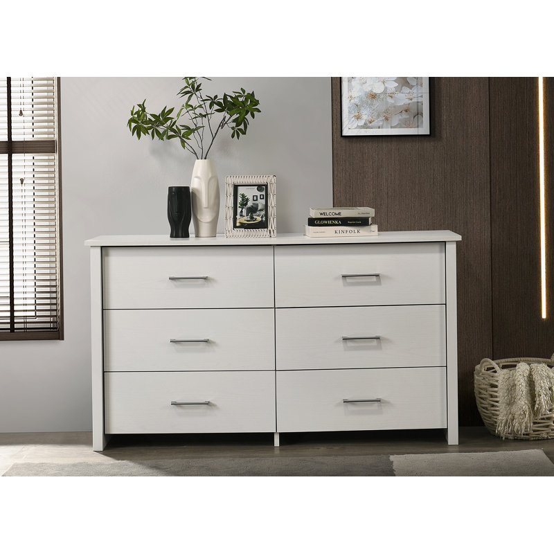 Commode 6 tiroirs avec poignées argentées, Blanc