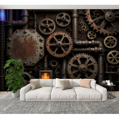 Peel and Stick Wallpaper Rusty Industrial Gears Mechanisms Vintage Steampunk Aesthetic Factory Wall Murals 100"H x 144"W Removable PVC Wall Paper Self-Adhesive Wall Decor for Bedroom Living Room Home Office