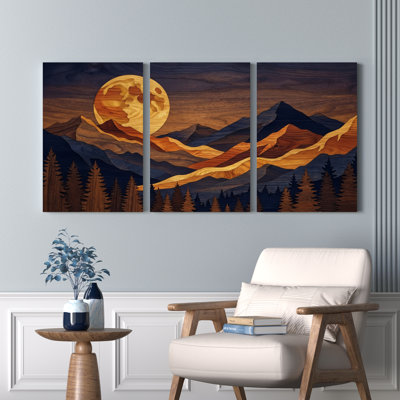 Ensemble de 3 tableaux sur toile représentant un paysage de montagne au clair de lune