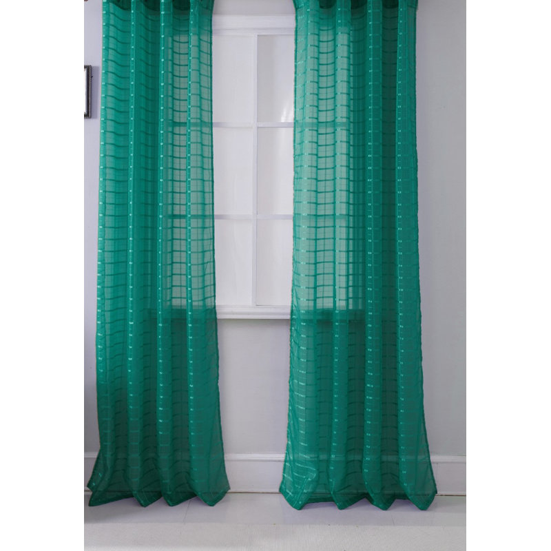Jardine Plaid Stripe Sheer Window Curtain Panel, Blush