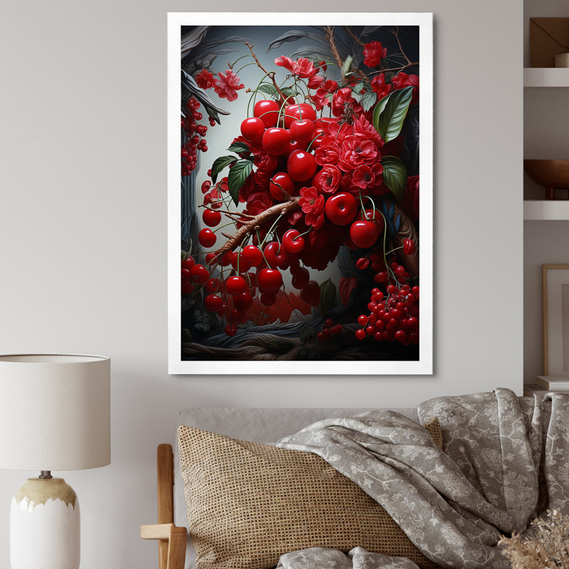 Red Cherry Tree Explosion 2 - art mural cerise, H 20 po x l 12 po x P 1 po, Cadre simple blanc