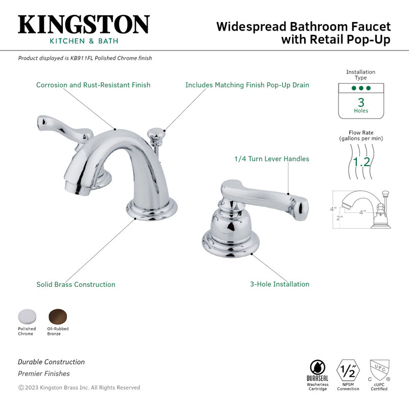 Kingston Brass Magellan Two-Handle 3-Hole Deck Mount Widespread Bathroom Faucet with Retail Pop-Up Drain