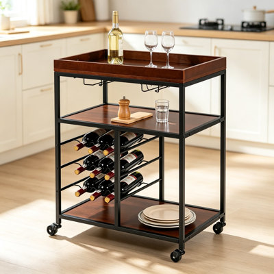 Chariot de cuisine avec étagères à 3 niveaux, casier à bouteilles et porte-verres, chariot de service à roulettes avec porte-serviettes et roulettes verrouillables, support de rangement utilitaire de style industriel en bois et métal