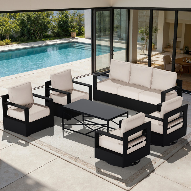 6-Piece Outdoor Aluminum Patio Conversation Set with 6 in. Beige Cushions, Beige