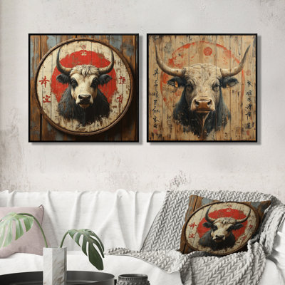 «China China» et bœuf orange I - décoration murale animal taureau - art mural moderne 2 pièces