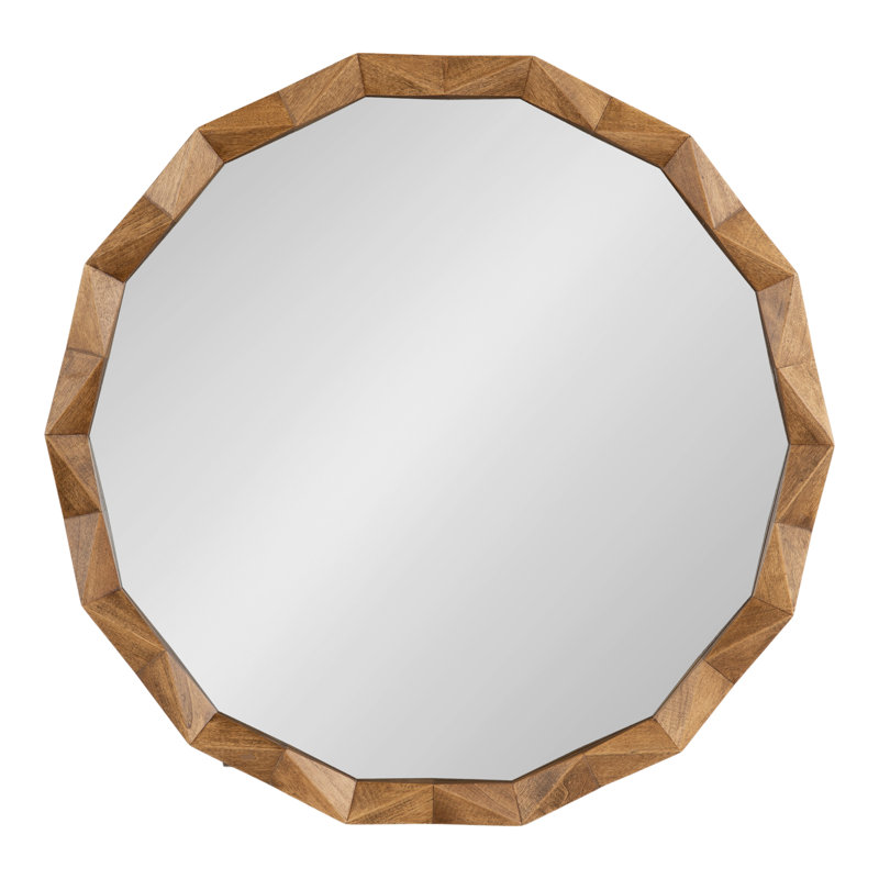 Pieced Wood Round Bathroom Mirror, Medium Brown Wood