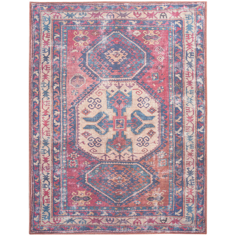Tapis bleu marine / rouge pâle / beige lavable à la machine, Rectangle 7 pi 10 po x 9 pi 10 po