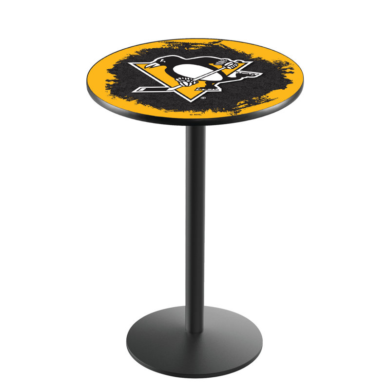NHL Round Metal Base Dining Table, Black Wrinkle, Pittsburgh Penguins