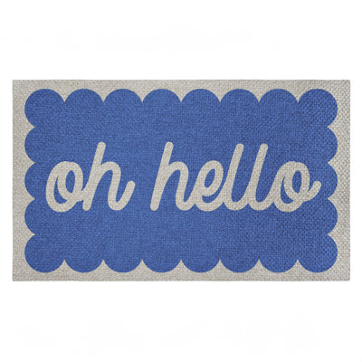 Oh Hello Blue Greeting Outdoor Door Mat, design by Lil' Rue, 18"x30"