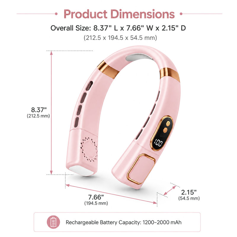 Ventilateur de cou rechargeable avec affichage DEL et plaque de refroidissement, 5 vitesses, débit d'air de 360 °, Pink