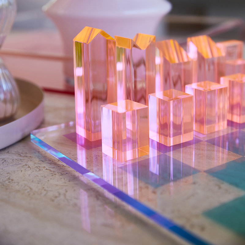 Sunnylife: Lucite Chess & Checkers - Ombre Sherbert - 2 Classic Games In 1, Collectible Display Set, Stylish Translucent Pieces, Pastel Base, 2 Player