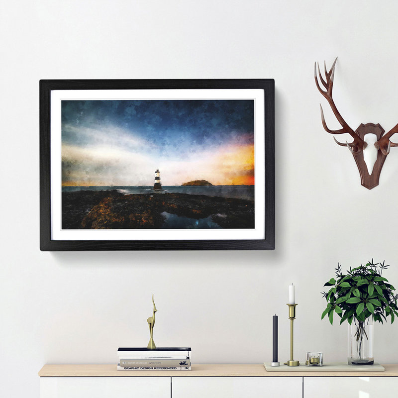 Lighthouse & Seascape at Dusk - Picture Frame Graphic Art Print, 24cm H x 33cm W x 2cm D, Black Framed
