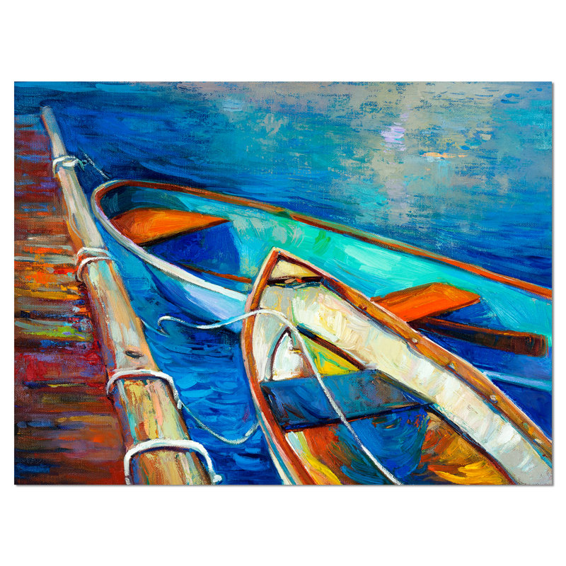 Bateaux et jetée dans l'ombre bleue - reproduction d'art, H 38 po x l 38 po x P 1 po, Métal