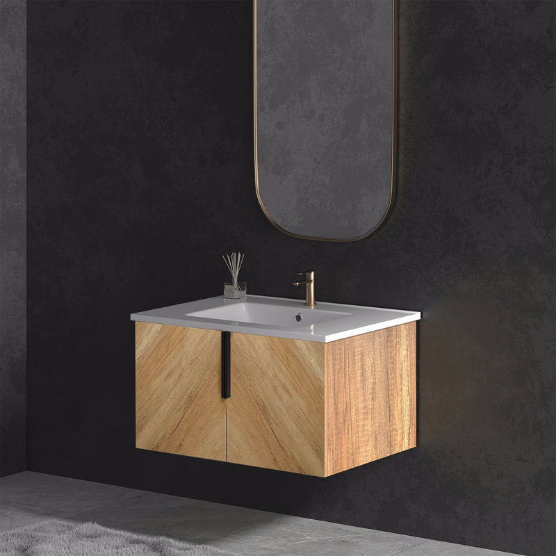 Meuble-lavabo mural de 76 cm (30 pouces) avec panneau cannelé 3D et lavabo encastré en céramique
